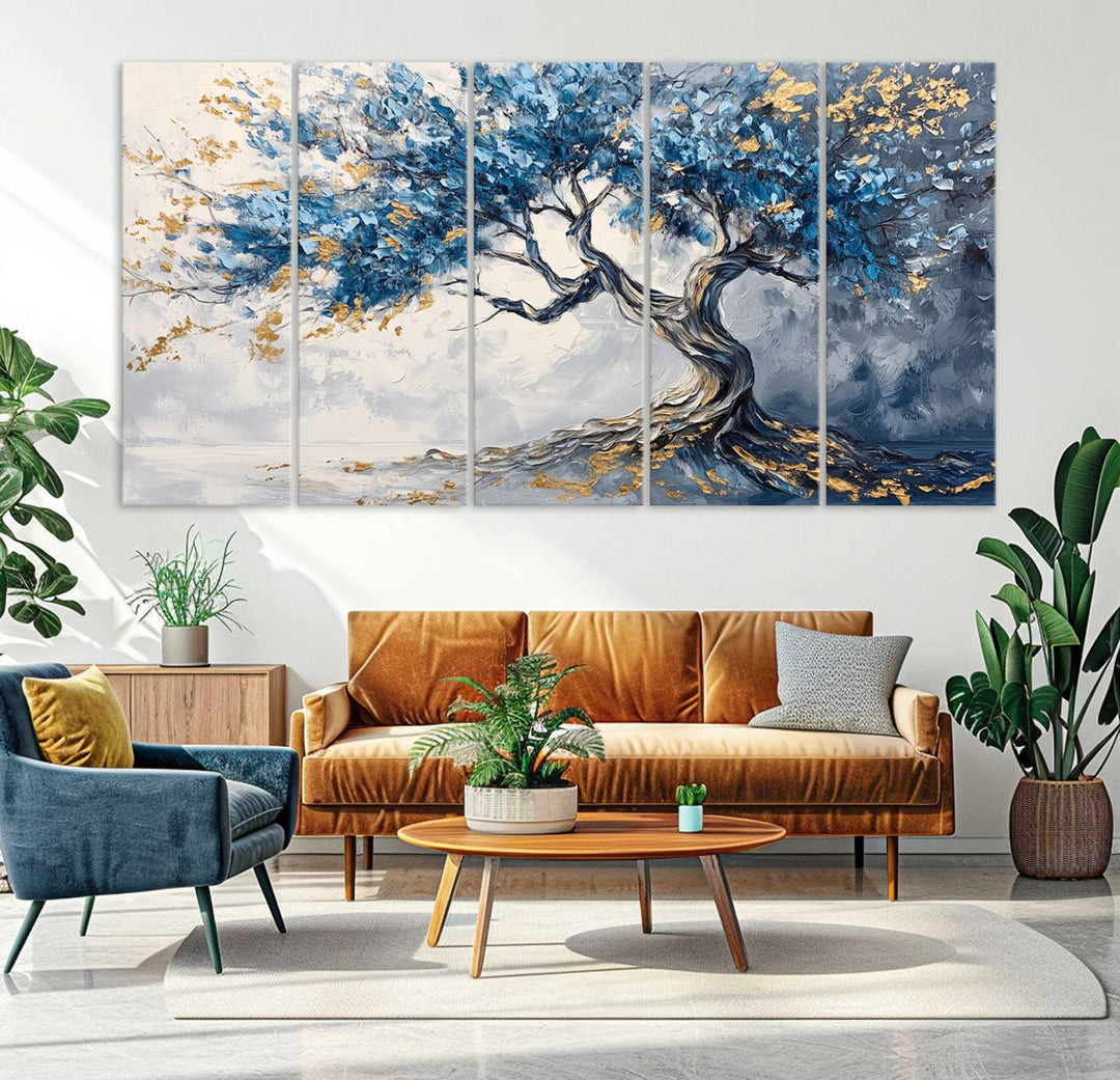 Elegant Abstract Tree Canvas Wall Art | Tree of Life Painting | Textured Art in Blue and Gold | Framed & Ready to Hang for Modern Living Room Decor