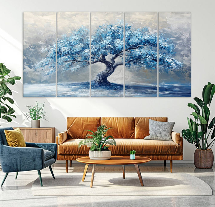 Serene Abstract Blue Tree Wall Art | Canvas Print of a Majestic Tree in Blue Hues | Perfect for Farmhouse, Coastal, and Modern Decor