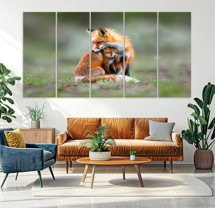 Heartwarming Fox and Baby Cub Wall Art | Ready to Hang Canvas Print of Foxes in Nature | Perfect for Animal Lovers, Rustic Decor, and Cabin Wall Art