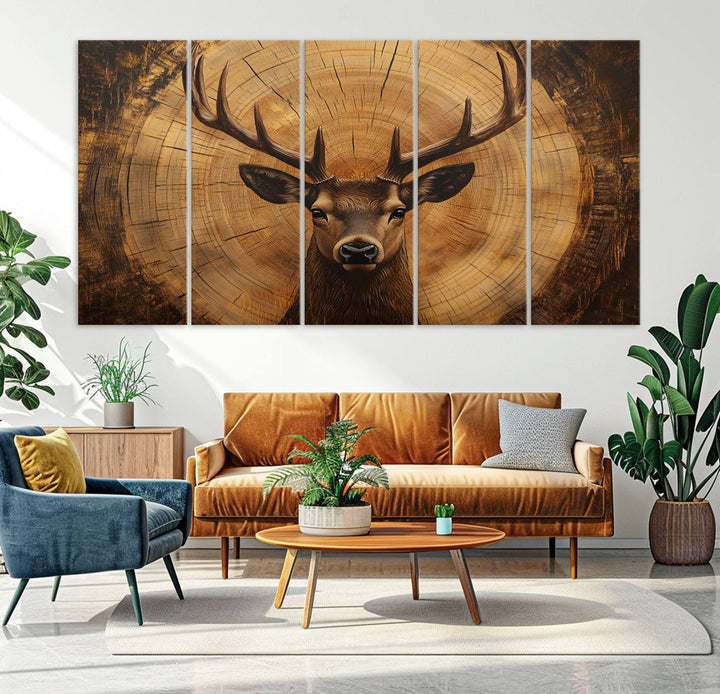 Deer Wall Art Canvas Print | Ready to Hang Canvas Print of a Stag with Rustic Tree Rings | Perfect for Farmhouse Wall Decor, Cabin Wall Art