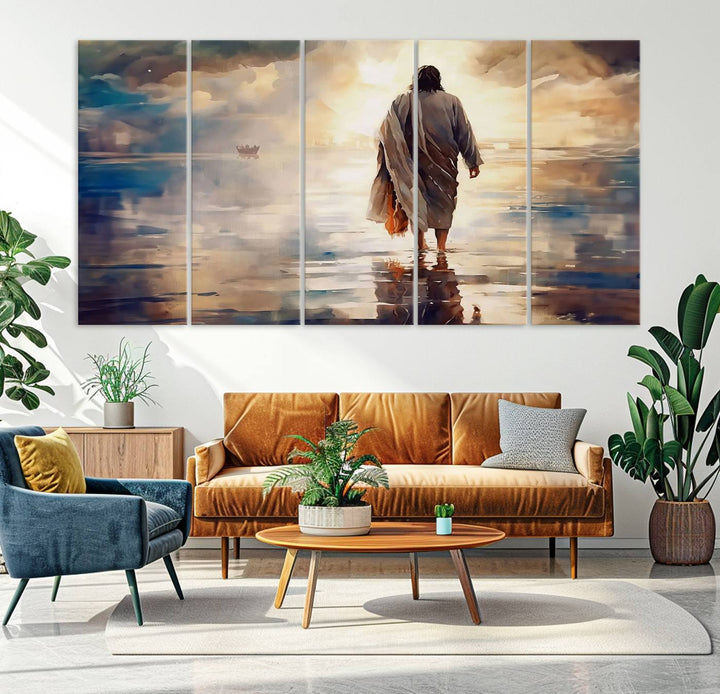 Jesus Walking on Water Wall Art | Ready to Hang Spiritual Triptych Canvas Print | Inspirational Christian Decor for Home or Church