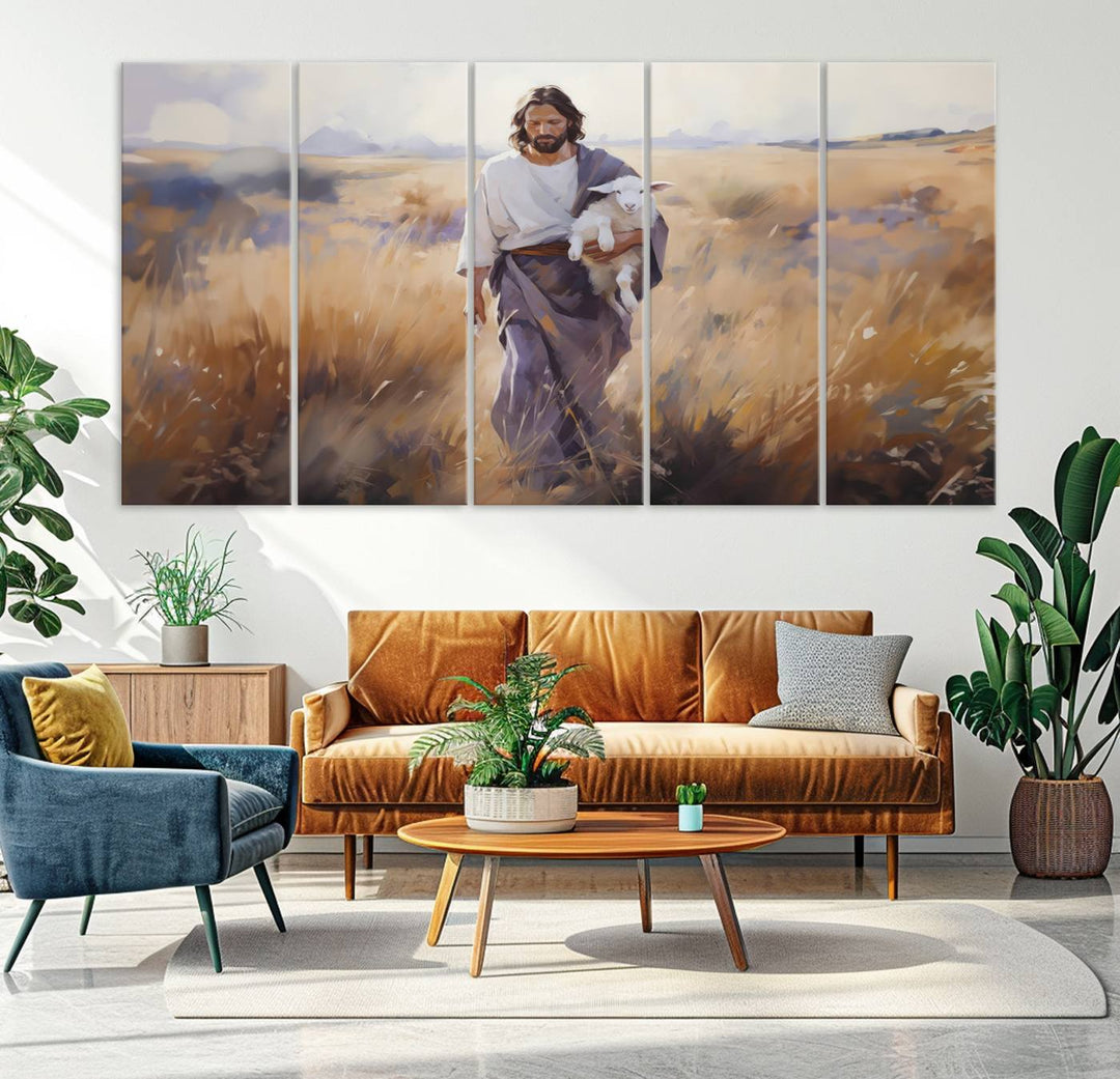 Jesus the Good Shepherd Wall Art Canvas Print - Lost Lamb  Print for Prayer Room Decor