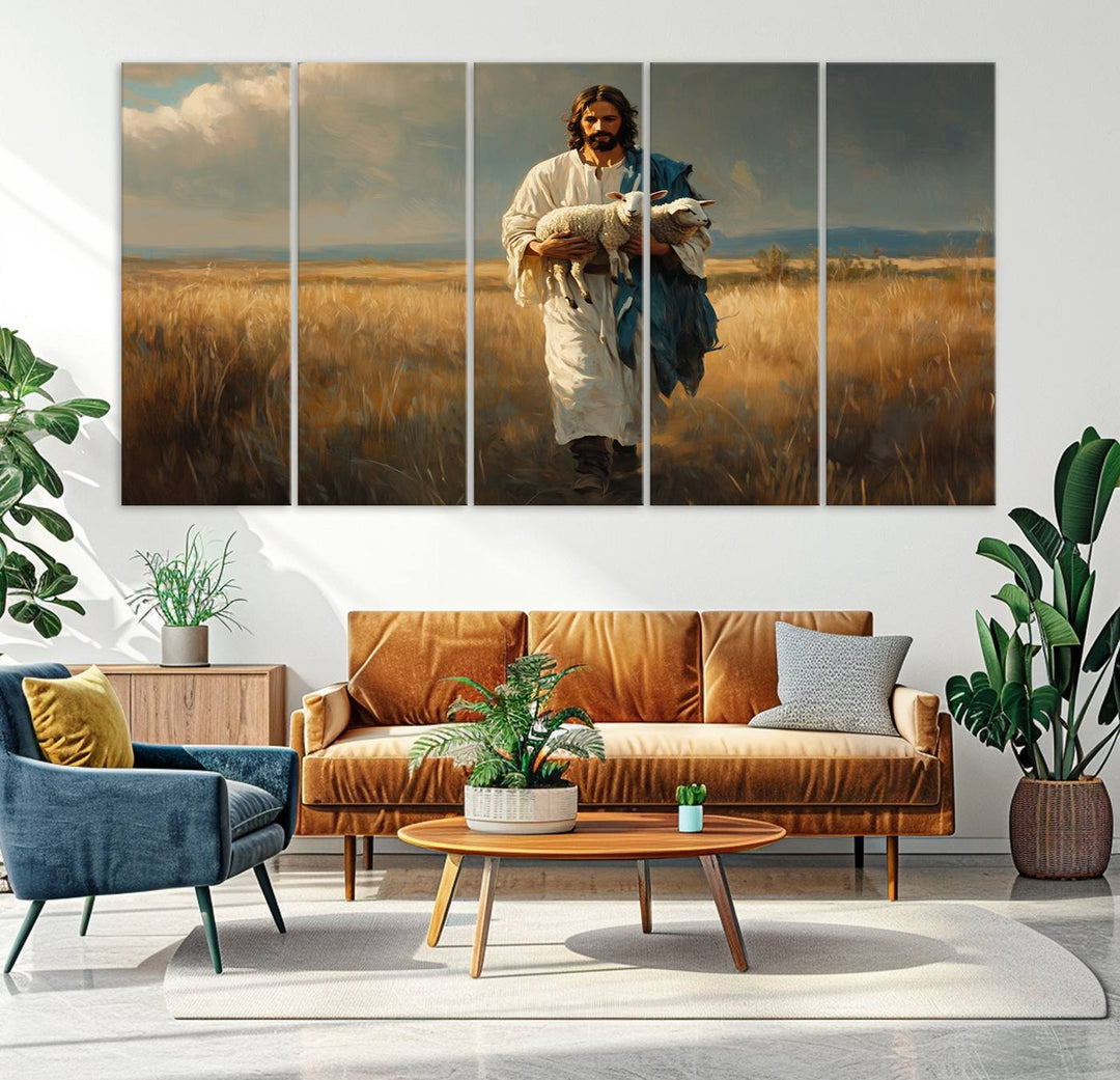 Jesus Shepherd Wall Art | Ready to Hang Triptych Canvas of Jesus Holding a Lamb in a Field | Inspirational Christian Decor for Home