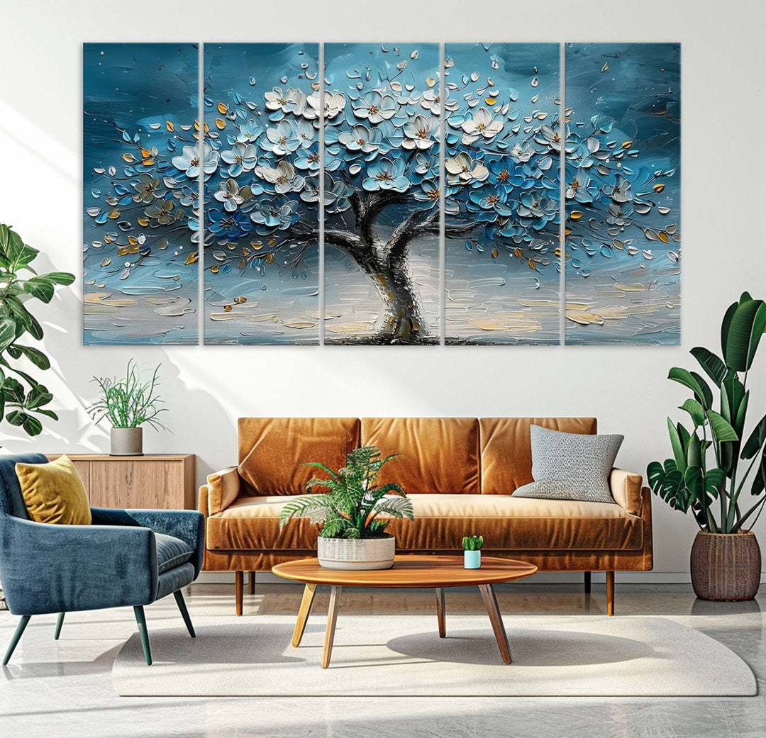 Abstract Blooming Tree Wall Art Print features blue, white, and gold textures on museum-quality canvas, perfect for modern decor.