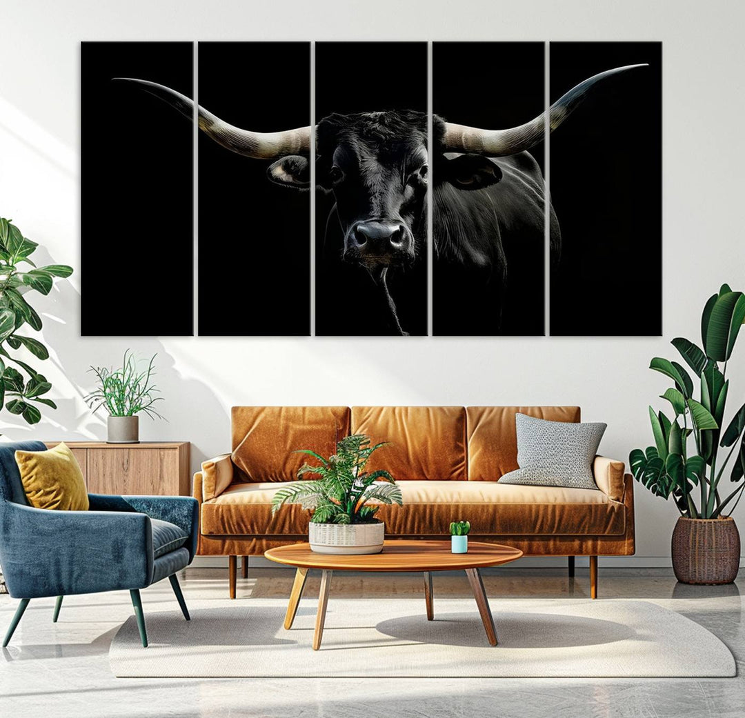 Texas Black Longhorn Bull Wall Art Canvas Print - Western Texas Cattle Rustic Decor Print - Longhorn Cow Wall Art