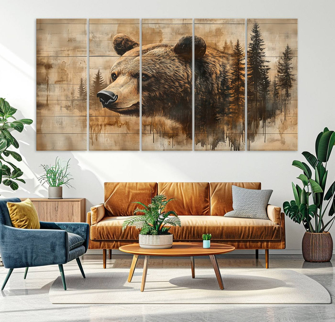 Abstract Rustic Grizzly Bear Wall Art Canvas Print - Woodland Wildlife Forest Print for Farmhouse Decor