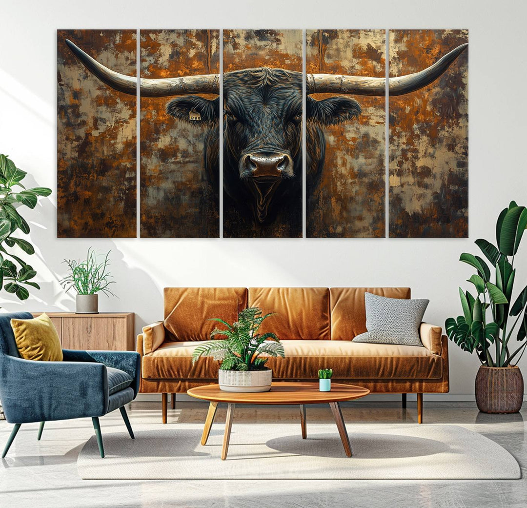 Abstract Longhorn Texas Bull Wall Art | Rustic Farmhouse Canvas Print | Ready to Hang Barn Decor for Farmhouse and Cabin Style