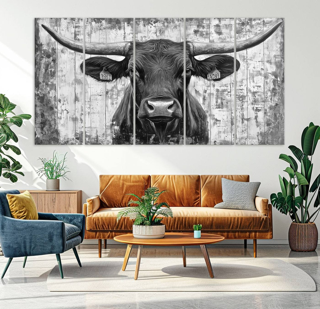 Abstract Longhorn Bull Wall Art Canvas Print - Rustic Texas Western Cow Artwork