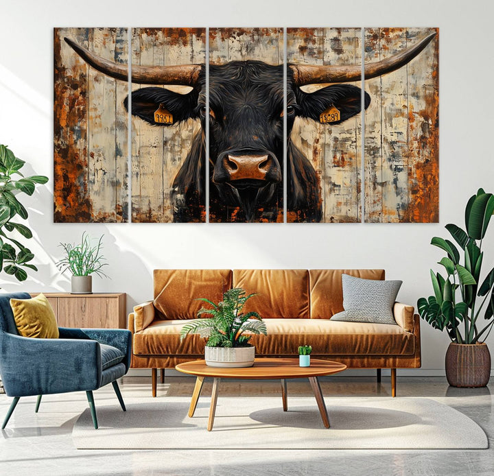 Abstract Cow Longhorn Bull Wall Art Canvas Print - Rustic Texas Western Cattle Artwork