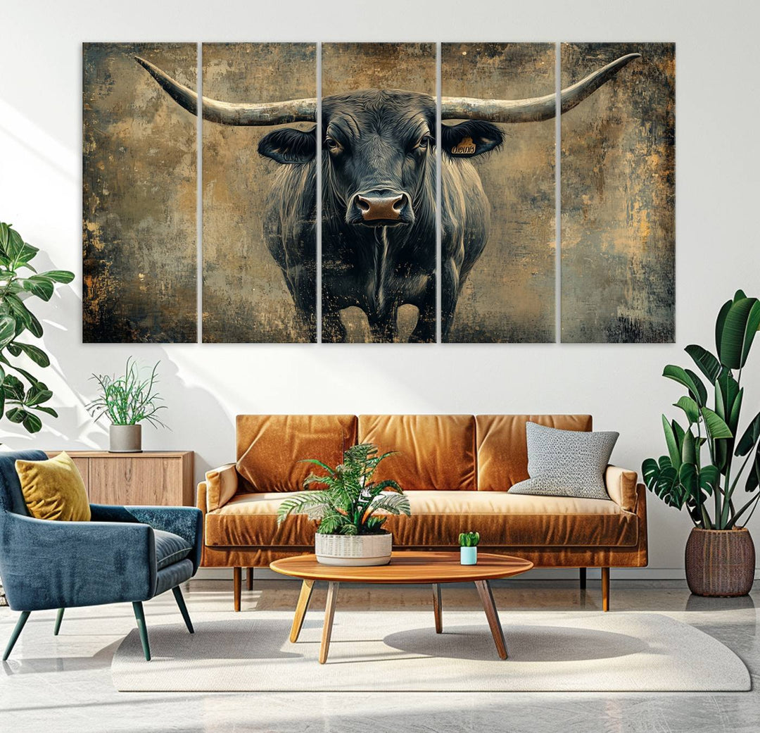 Abstract Cow Longhorn Bull Wall Art Canvas Print - Rustic Texas Western Cattle Artwork