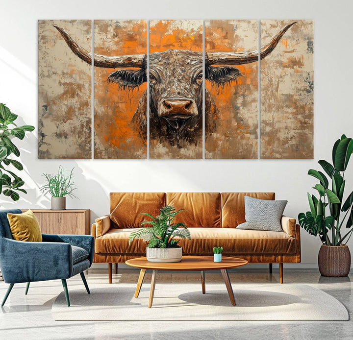 Abstract Cow Longhorn Bull Wall Art Canvas Print - Rustic Texas Western Cattle Artwork