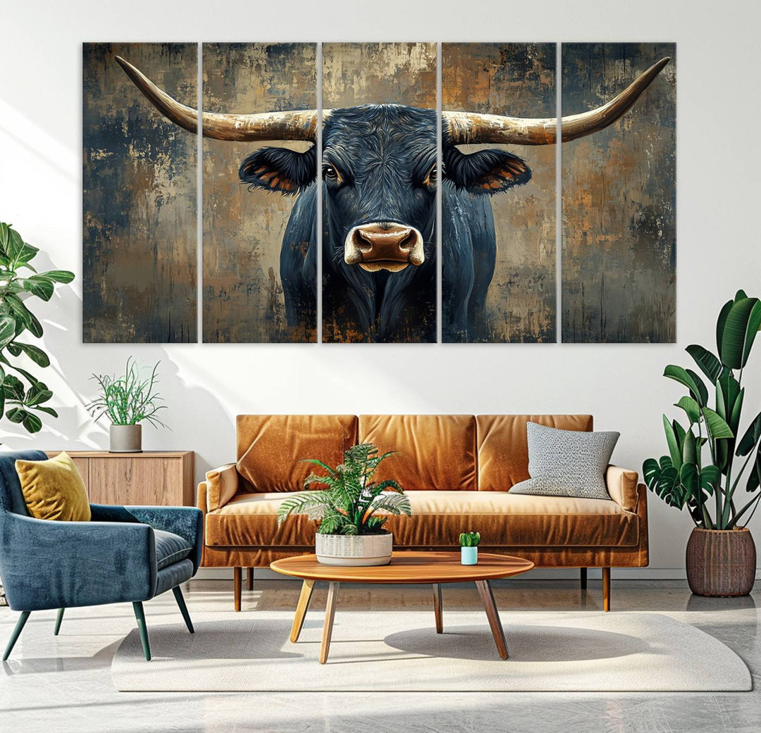 Abstract Cow Longhorn Bull Wall Art Canvas Print - Rustic Texas Western Cattle Artwork