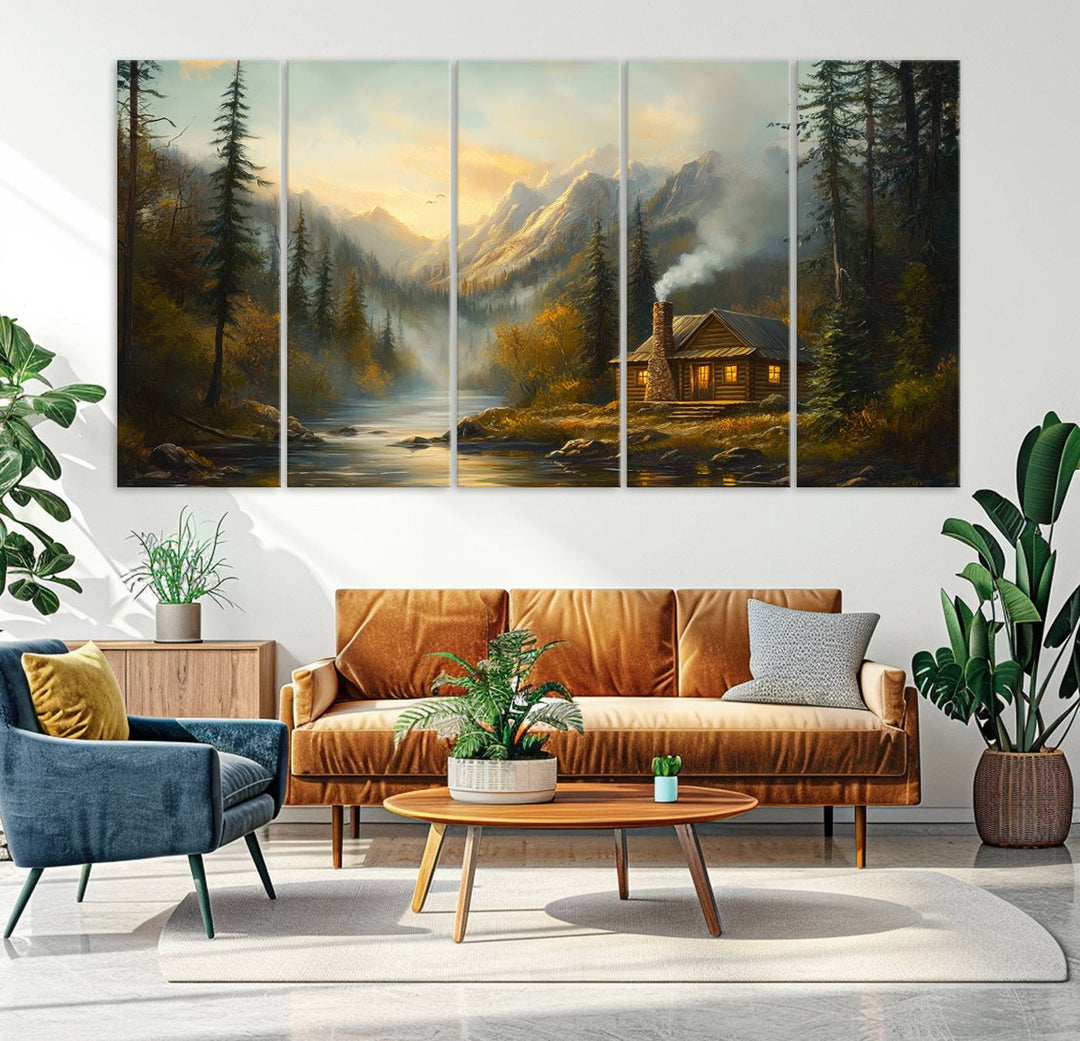 Wood Cabin Retreat Mountain at Sunset Wall Art Print - Serene Forest and River Landscape Wall Art Canvas Print