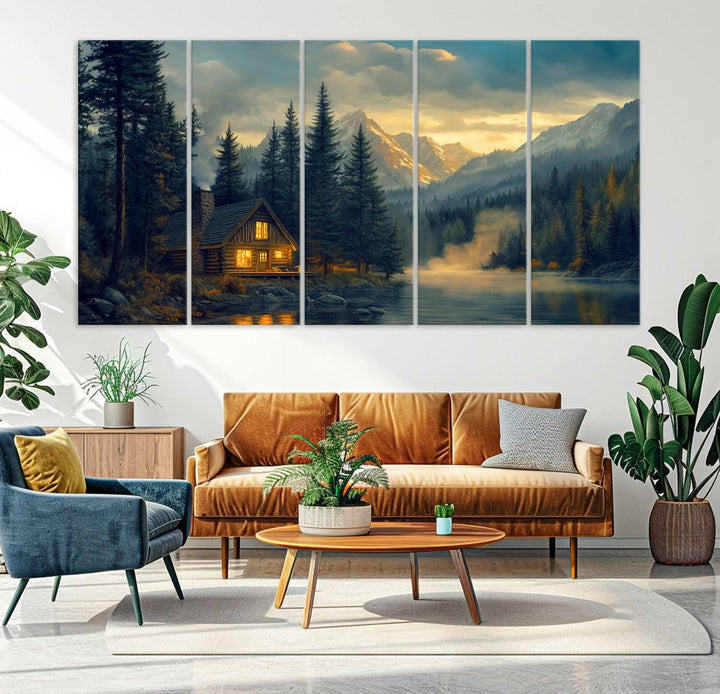 Mountain Cabin by the Lake at Sunset Wall Art - Serene Nature Canvas Print for Living Room Decor, Rustic Lodge Ambiance, 3-Panel Large Wall Art