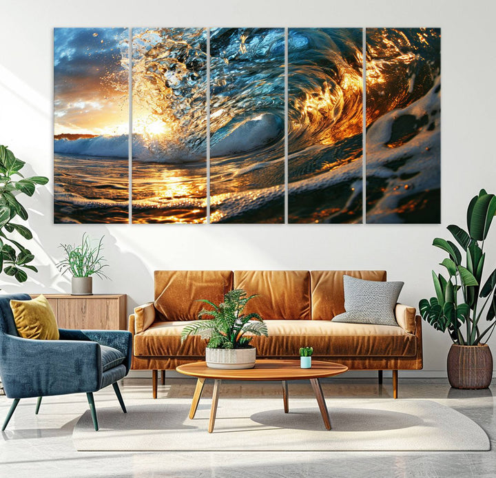 Ocean Wave at Sunset Wall Art | Ready to Hang Triptych Canvas Print | Coastal Wall Art for Living Room | Nautical and Beach House Decor