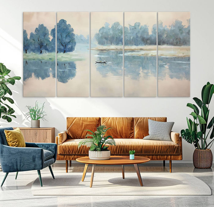 Landscape Printing Lake and Boat Scene | Serene Landscape Wall Art for Nature Lovers | Ready to Hang Triptych Canvas Print | Peaceful Blue Trees and Water Reflection Decor