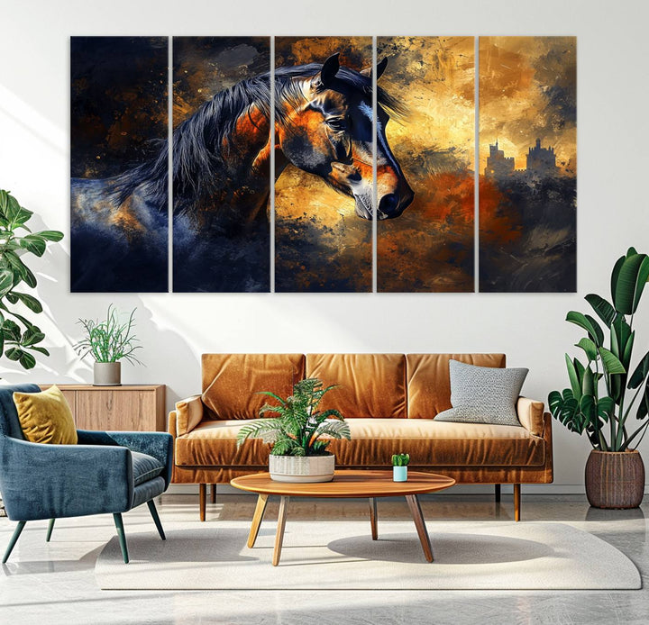 Abstract Horse Art Print on canvas, featuring a colorful background, perfect for rustic farmhouse or equestrian decor.