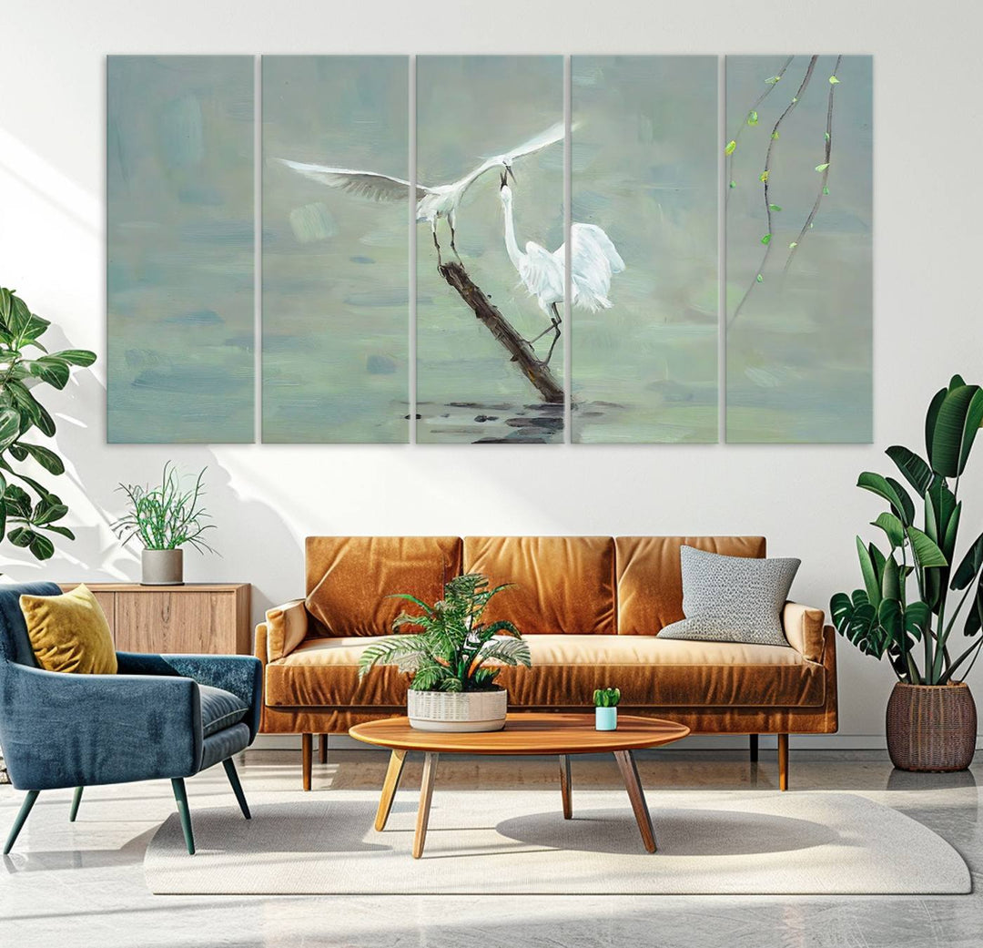 Elegant White Herons on Calm Waters | Coastal Wall Art for Nature-Inspired Decor | Serene Triptych Canvas Print | Ready to Hang Bird-Themed Art for Home Decor