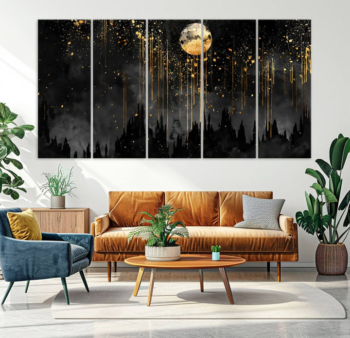 Gold Moon and Black Skyline Abstract Wall Art | Dark Modern Canvas Print with Dripping Gold Accents | Triptych Contemporary Homes