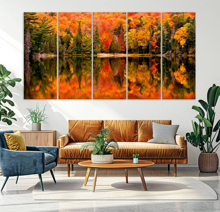 Autumn Forest Reflection Wall Art | Triptych Canvas Print | Vibrant Fall Foliage Wall Decor | Nature-Inspired Cabin Wall Art for Living Room