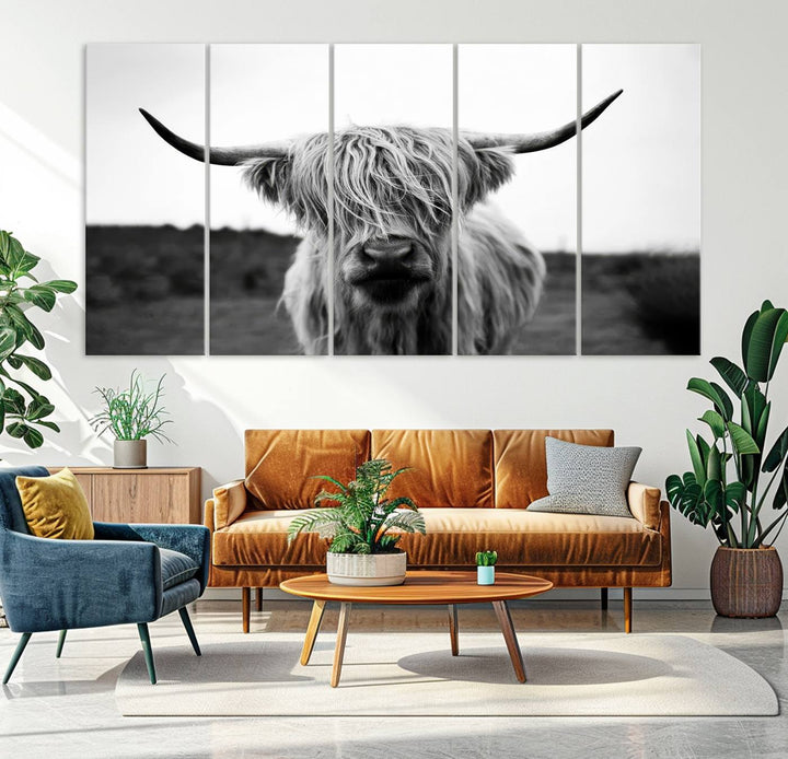 Highland Cow Wall Art | Black and White Farmhouse Decor | Ready to Hang Triptych Canvas Print | Rustic Barn Decor | Scottish Highland Cattle Art Print