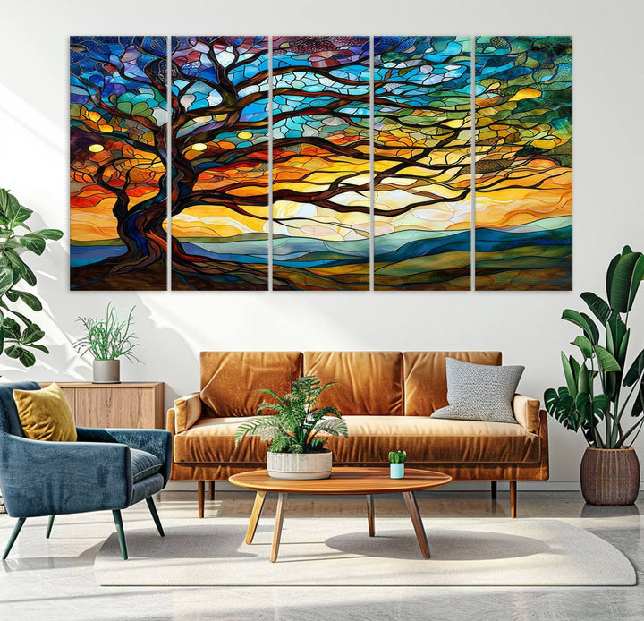 Mosaic Tree Wall Art | Ready to Hang Stained Glass Style Canvas Print | Farmhouse Wall Decor, Cabin Wall Art, and Unique Nature Home Decor