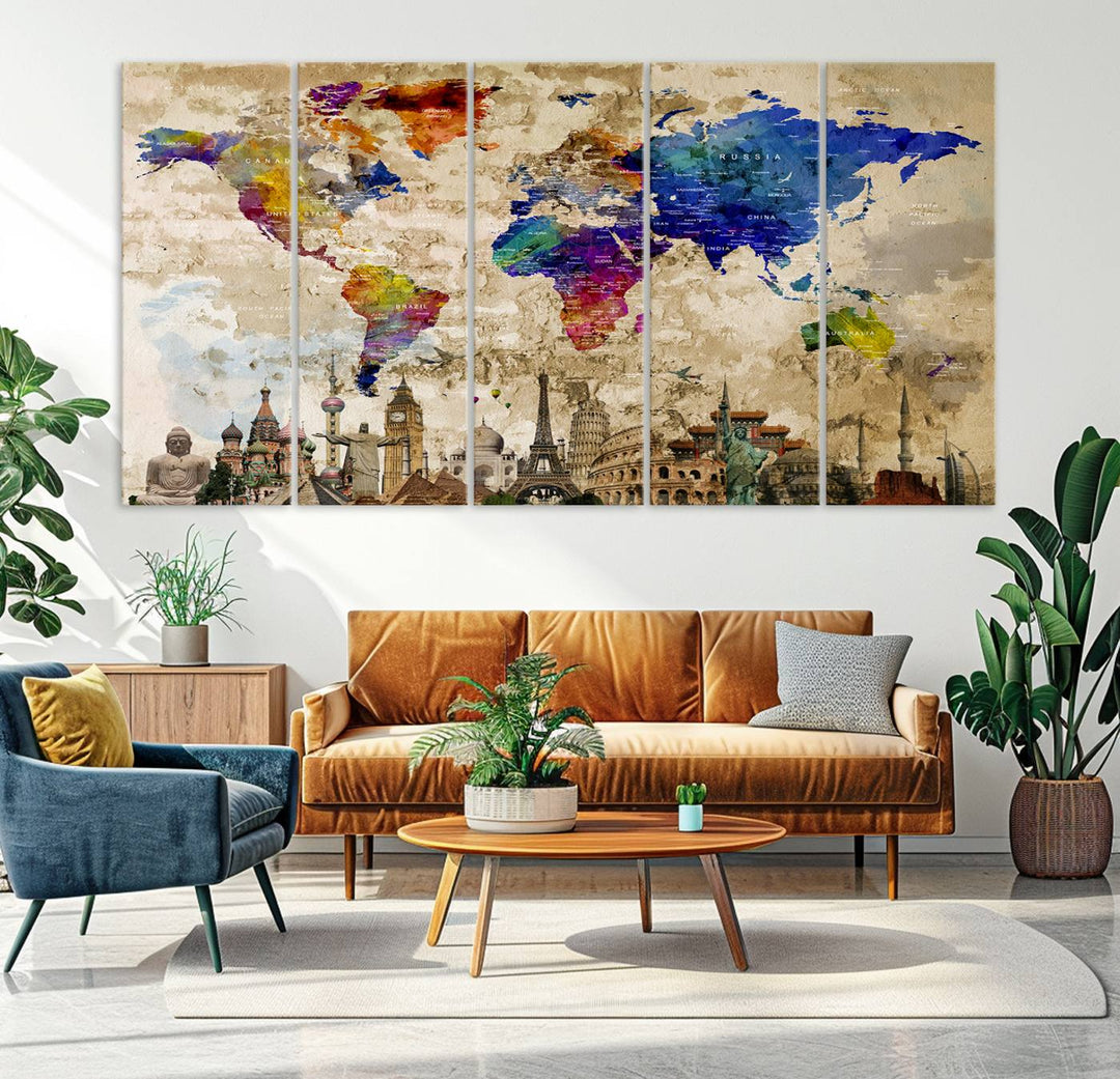 Framed World Map Canvas Print with Landmarks | Multi-Panel Wall Art | Ready to Hang Decor for Living Room, Office | Global Travel Wall Art | Vibrant Landmark Design