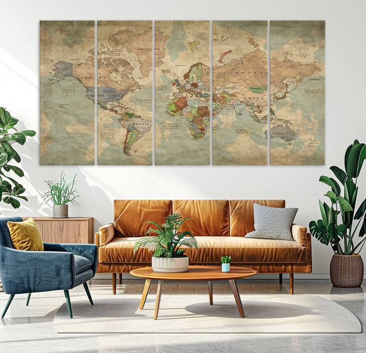 Vintage World Map Canvas Wall Art – Antique Triptych Map Print – Rustic Global Decor for Living Room or Office – Ready to Hang