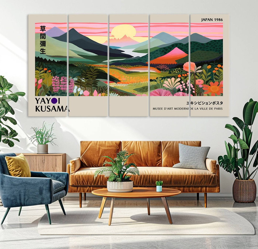 Vibrant abstract landscape canvas with mountains and fields, titled Yayoi Kusama 1986 Wall Art Print.