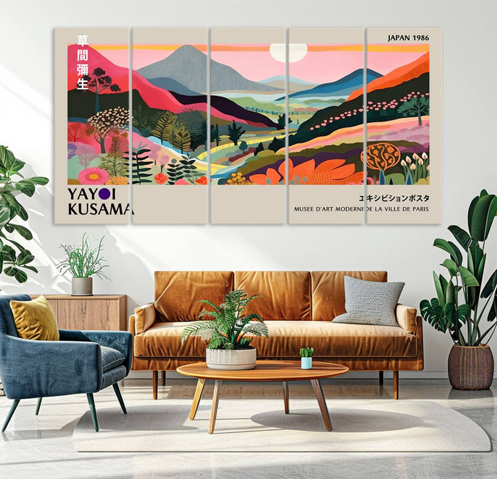 Vibrant abstract landscape canvas inspired by Yayoi Kusama, featuring mountains, trees, and flowers in a triptych style.