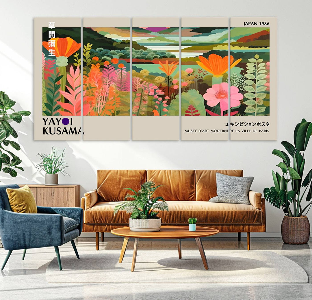 A vibrant 1986 Yayoi Kusama abstract landscape featuring flowers and hills on a canvas wall art print, ready-to-hang.