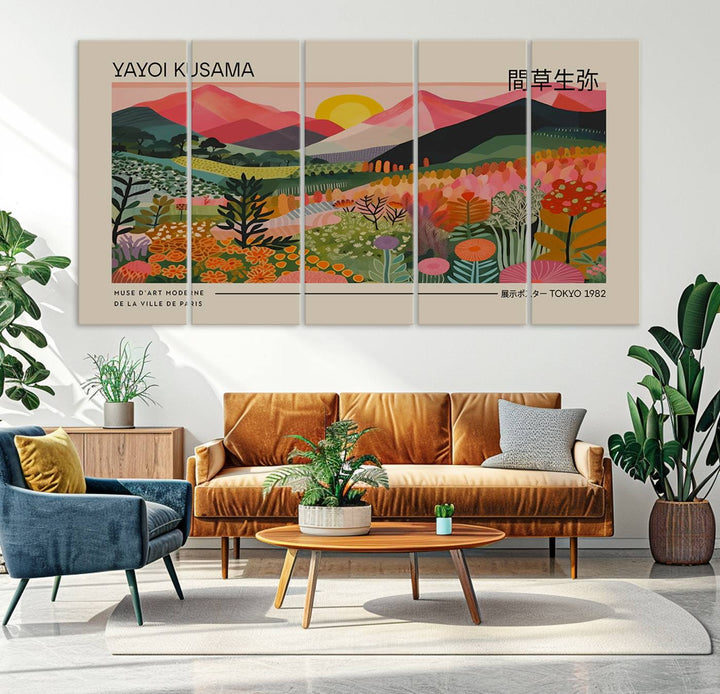 A vibrant abstract triptych features mountains, a sun, and plants in Yayoi Kusamas style with Japanese and French text included.