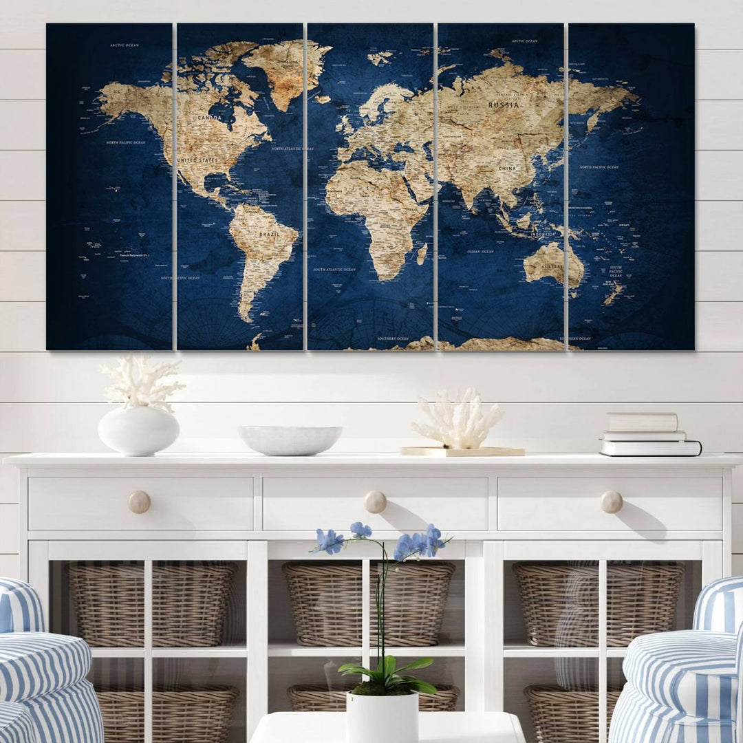 Classic Vintage Blue World Map Canvas Print featuring beige continents against a deep blue background.