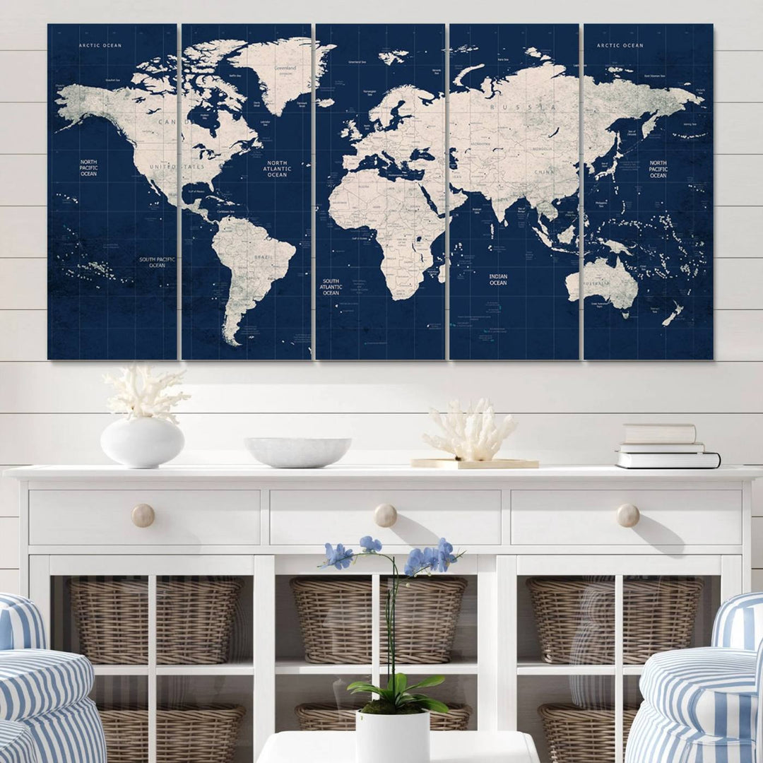 Large modern world map wall art canvas print in beige and navy; showcases a 3-panel vintage map design and is ready to hang.