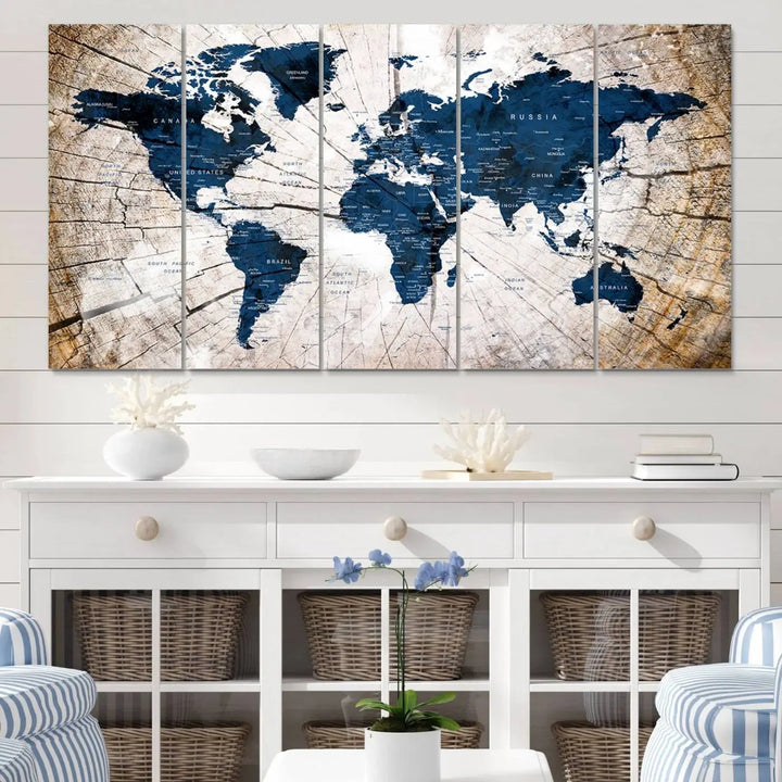 The living room exudes style with the Blue World Map Canvas Wall Art, a rustic-style triptych that's prominently displayed on the wall. This global decor piece adds an elegant touch to the space.