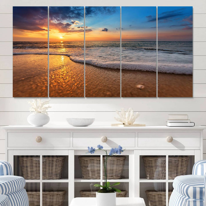 The Golden Sunset Beach Waves Triptych adds a modern coastal touch with its stunning seascape.