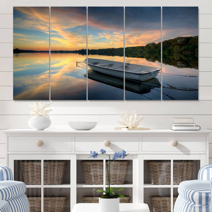 Serene Rowboat on Calm Lake Triptych Canvas Art, Giclee Wall Art of Peaceful Sunset Reflections, Tranquil Landscape Wall Art for Home or Office