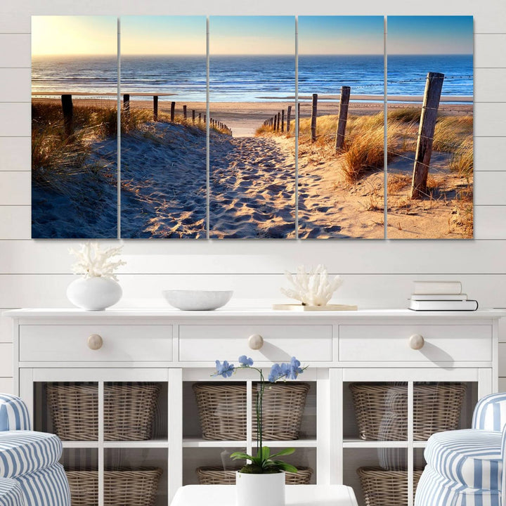 Tropical Beach Sunset Canvas Art, Ocean Waves and Sandy Shoreline Wall Art, Large Beach Decor for Coastal Homes