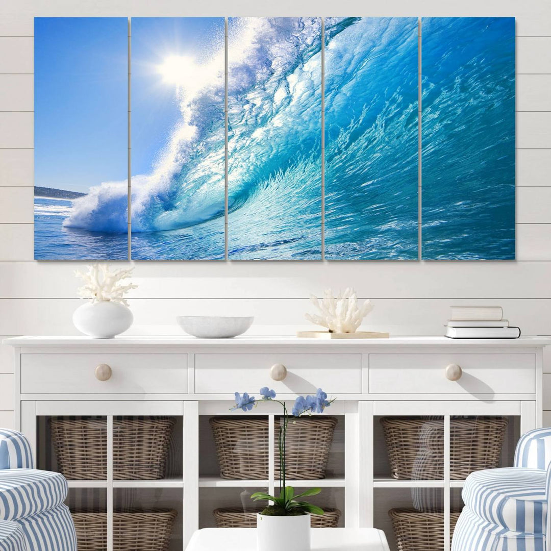 Blue Big Wave Surfing Ocean Canvas Wall Art Artwork Print , Surf Wall Art, Sea Wall Art