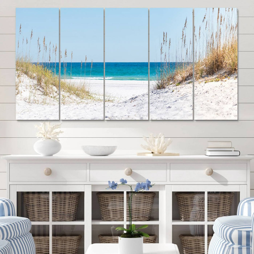 Serene Coastal Dune Path with Ocean View, 3-Panel Beach Canvas Art; tranquil seascape for coastal decor.