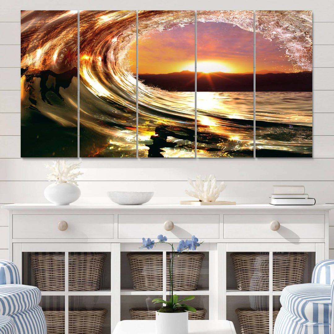 The Golden Wave Sunset Triptych Canvas Art showcases an ocean wave at sunset, casting warm light.