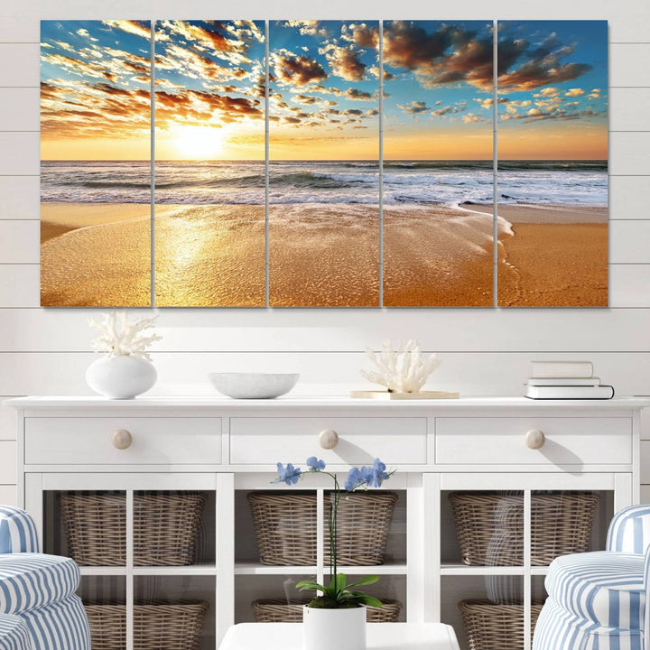 A Golden Sunset Beach giclee triptych canvas hangs prominently.