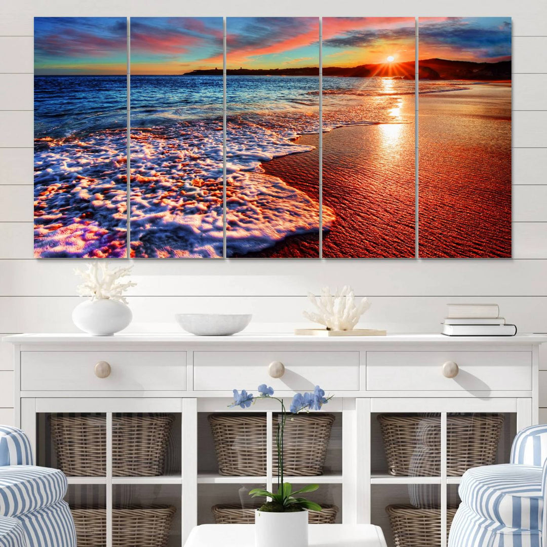 The Colorful Coastal Sunset on the Beach canvas print portrays ocean waves at dusk.