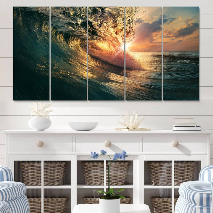 A triptych seascape titled Ocean Wave Sunset Canvas, featuring a stunning ocean view at sunset, is beautifully framed and ready to hang.