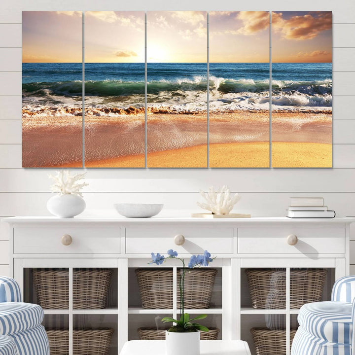 The wall features a Canon-quality Serene Beach Path canvas giclee print, depicting coastal dunes.