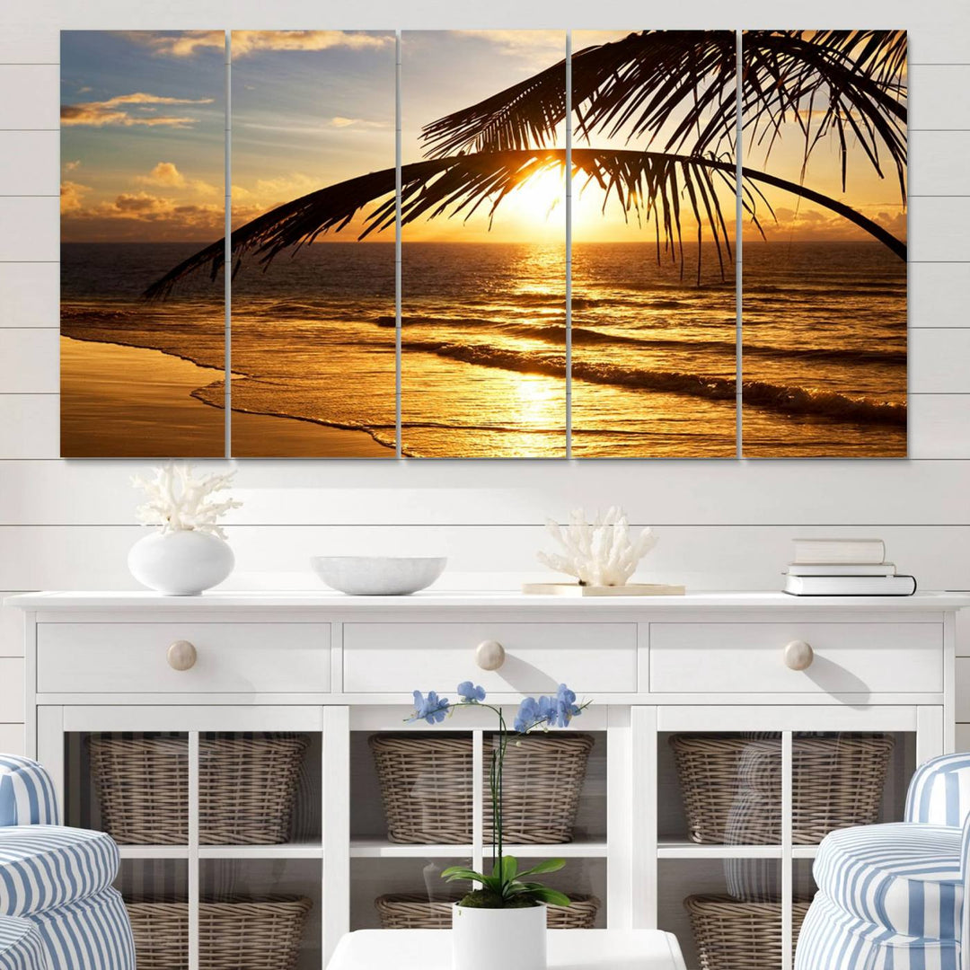 Golden Tropical Beach Sunset Canvas Triptych: Coastal Palm Art & Giclee Print with Gallery Wrap, capturing golden waves.