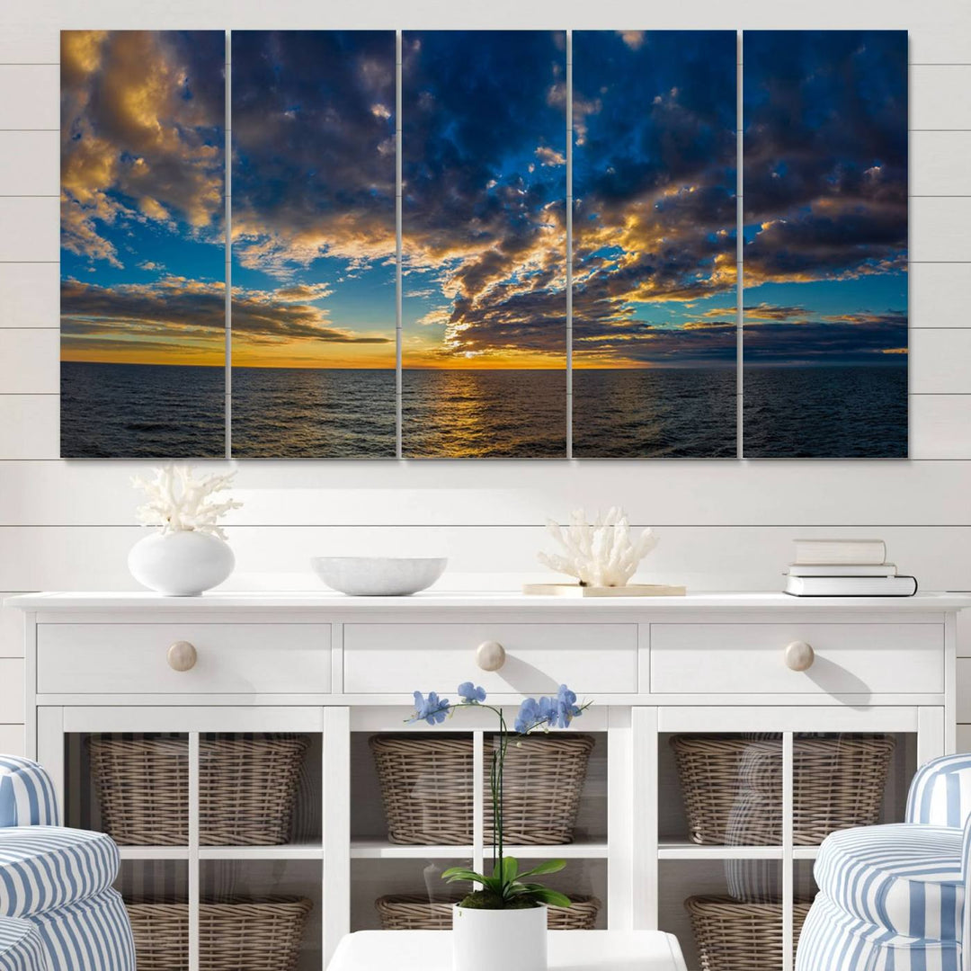 Dramatic Ocean Sunset Canvas Art, Panoramic Seascape Wall Art, Giclee Canvas Print with Canon Quality for Coastal Decor