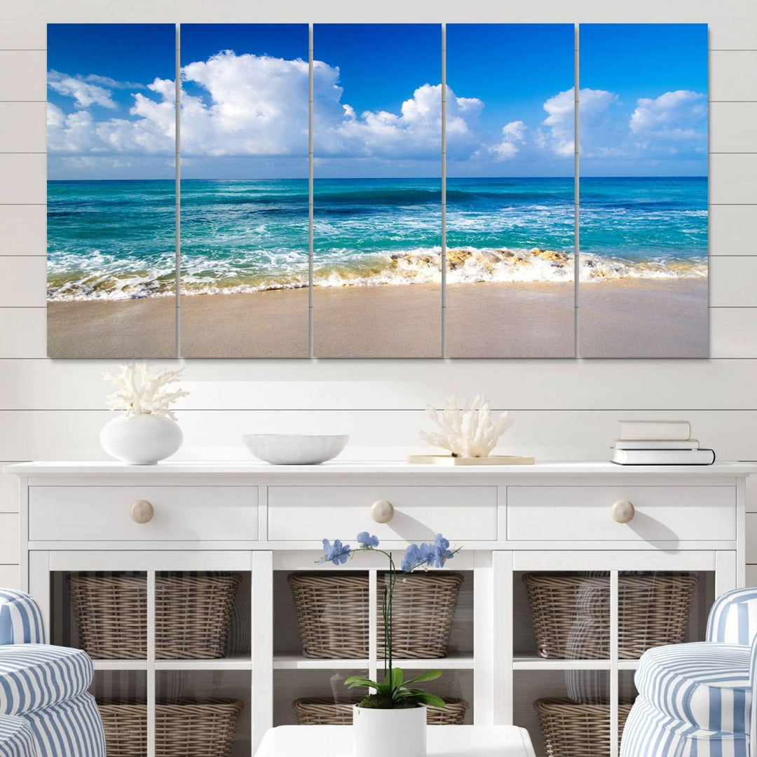 Tropical Beach 3-Panel Canvas Wall Art – Serene Ocean Waves and Blue Sky – Giclée Print for Living Room, Office, or Bedroom Coastal Decor