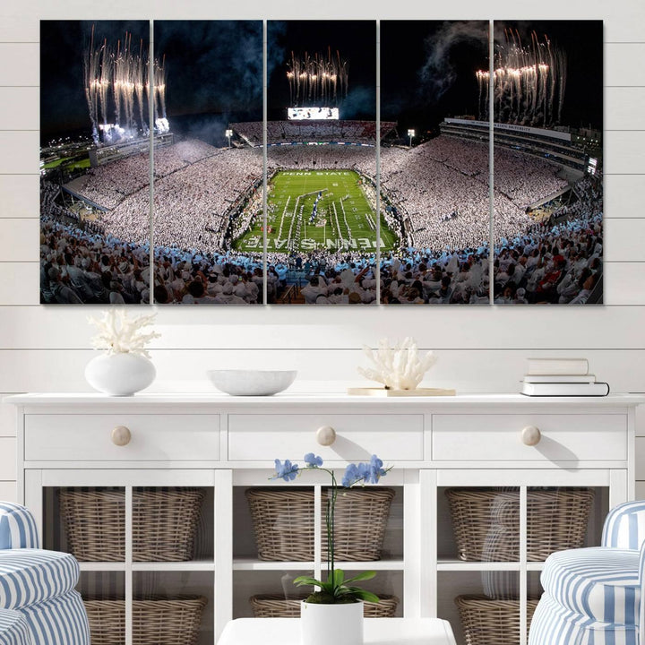 The perfect Penn State Football canvas wall art features a depiction of Beaver Stadium filled with fans in white, with fireworks exploding above.