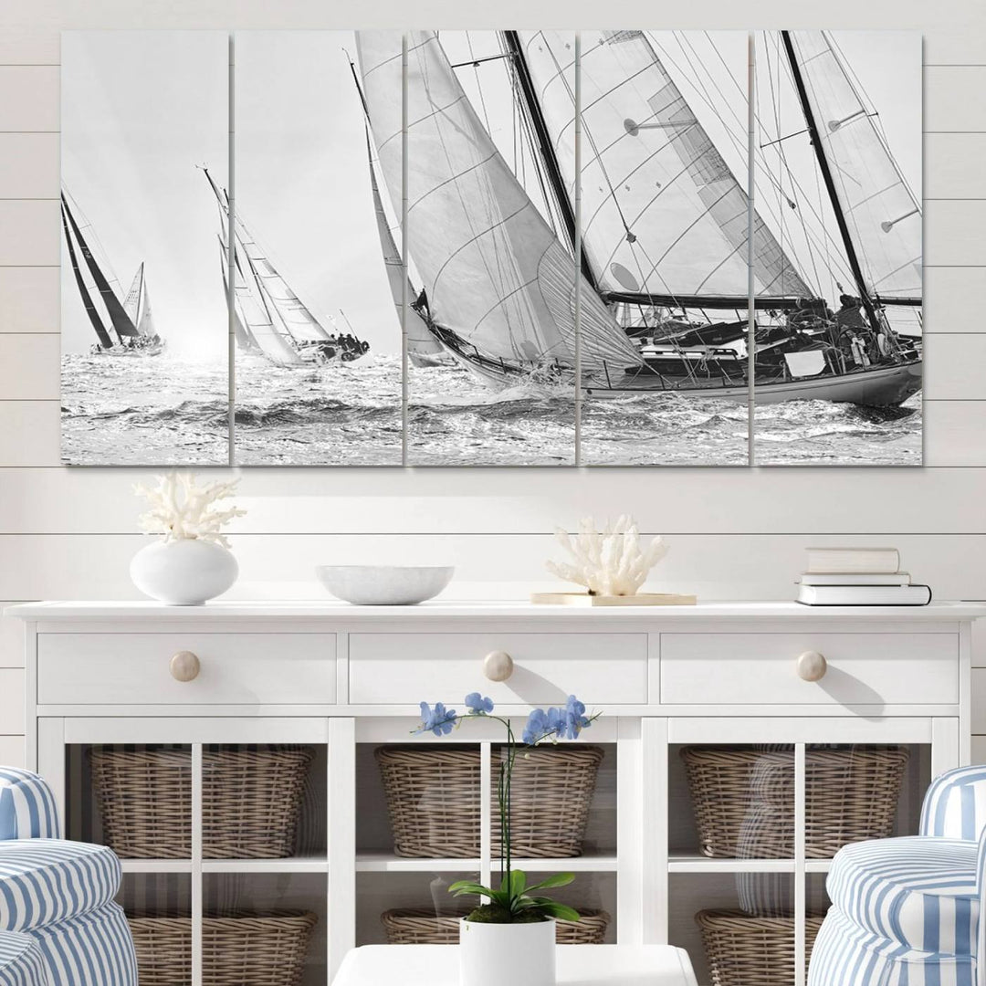 Yacht Sailboat Regatta canvas print on a textured wooden wall.